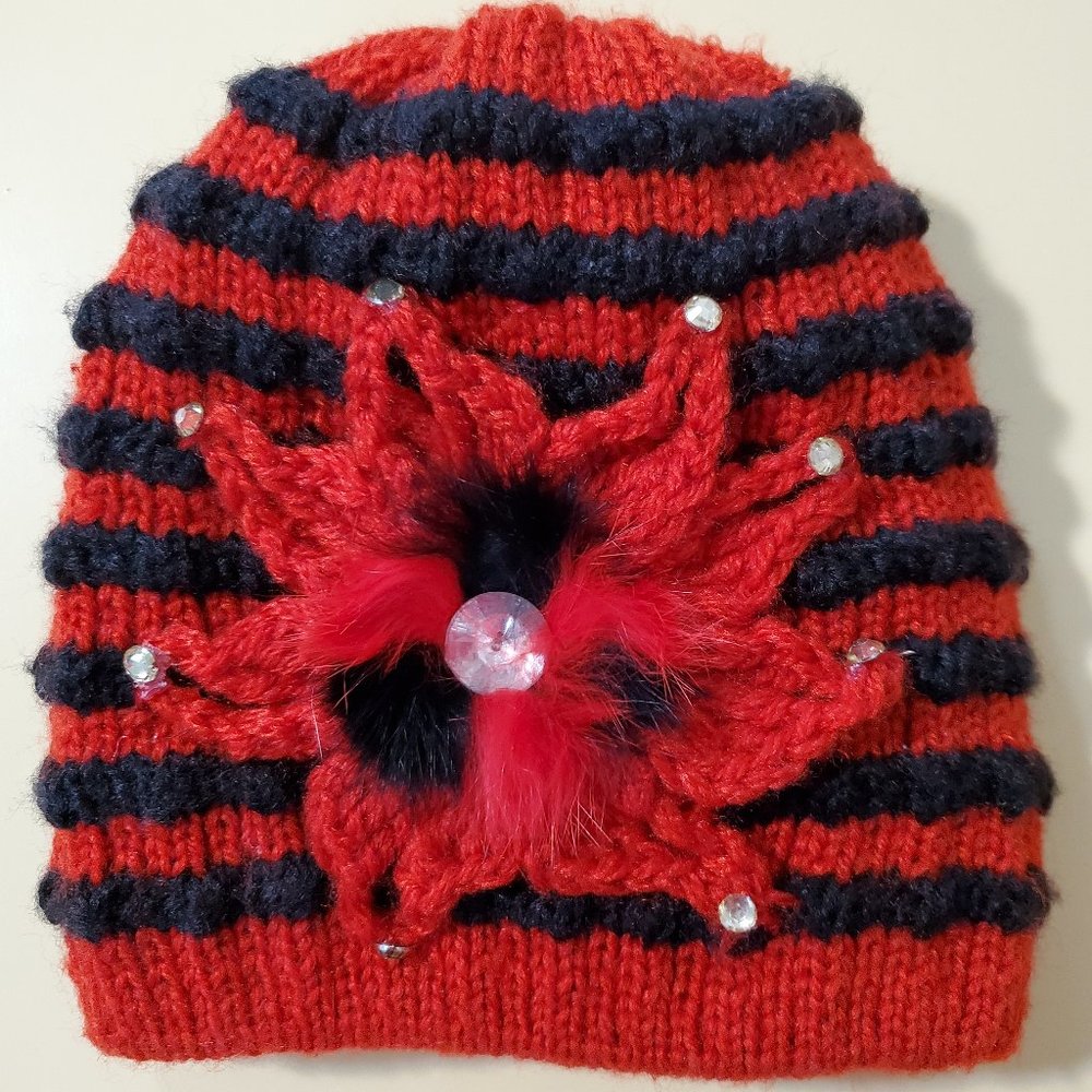 Red & Black Chunky Knit Decorated Beanie
